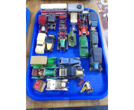 A tray containing a collection of play-worn die cast vehicles including matchbox, Corgi classic cars, models of yesteryear.