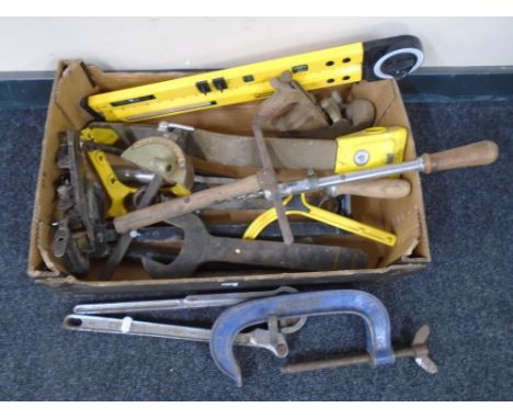 A box containing assorted tools including Record G-clamp, planes, oversized spanners, precision measures etc.