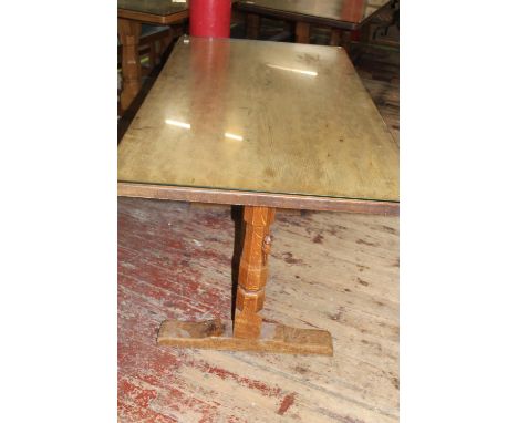 A vintage 1950's Robert 'Mouseman' Thompson of Kilburn oak refectory style dining table with adzed table top &amp; carved mou