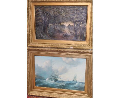 A gilt framed &amp; signed oil on board &amp; nautical print. Postage unavailable largest 75 x 65cm 