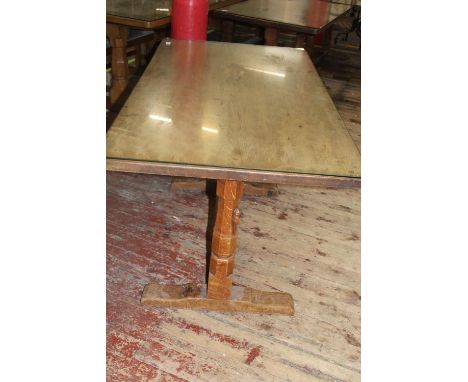 A vintage 1950's Robert 'Mouseman' Thompson of Kilburn oak refectory style dining table with adzed table top &amp; carved mou