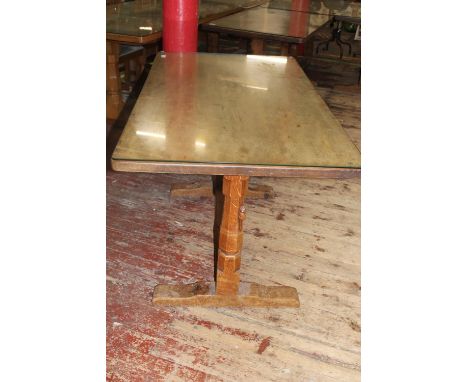 A vintage 1950's Robert 'Mouseman' Thompson of Kilburn oak refectory style dining table with adzed table top &amp; carved mou