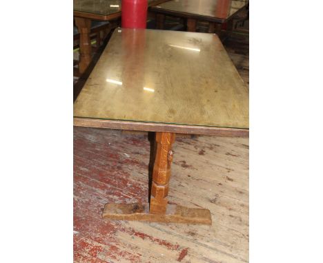 A vintage 1950's Robert 'Mouseman' Thompson of Kilburn oak refectory style dining table with adzed table top &amp; carved mou