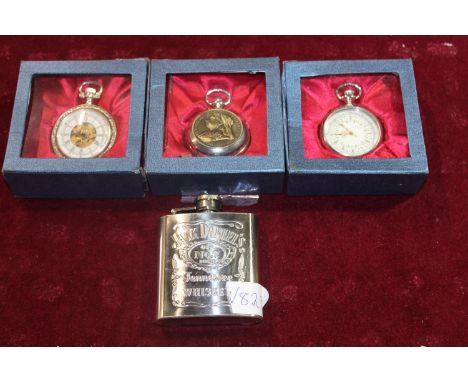 Three boxed pocket watches &amp; Jack Daniels hip flask 