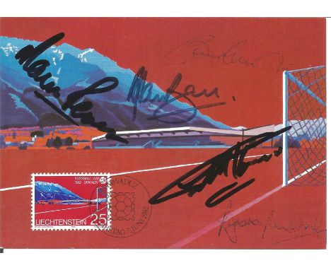 England 1966 commemorative post card PM Jun 1982 signed by Martin Peters, Bobby Charlton, Alan Ball, Jack Charlton and Bobby 