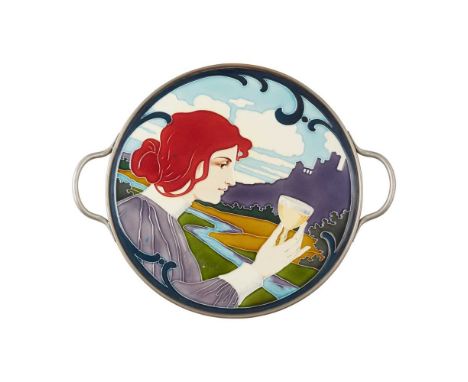 CARL SIGMUND LUBER (1896-1934) JUGENDSTIL SERVING TRAY, CIRCA 1900  glazed earthenware, with patinated metal mount, painted V