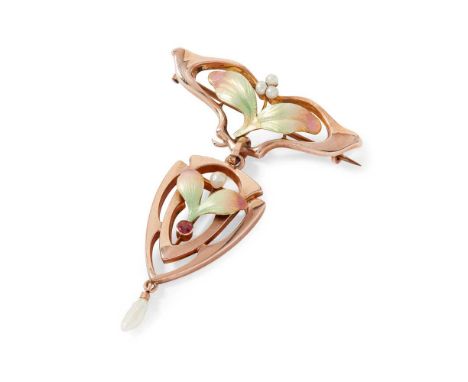 CONTINENTAL SCHOOL ART NOUVEAU PENDANT BROOCH, CIRCA 1900 9-carat gold, enamel, seed and baroque pearls and small single cut 