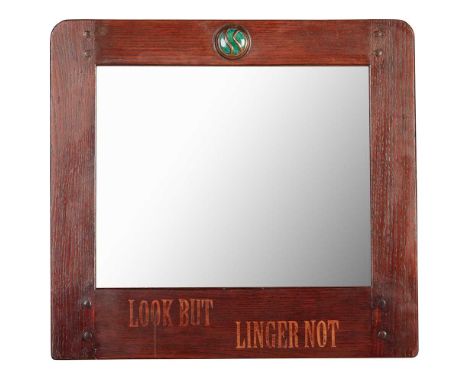 LIBERTY & CO. LONDON ARTS & CRAFTS WALL MIRROR, CIRCA 1910 oak, with inset Ruskin glazed earthenware roundel and copper mount