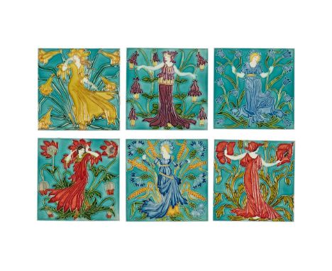 WALTER CRANE (1845-1915) FOR PILKINGTON'S TILE AND POTTERY COMPANY RARE SET OF SIX 'FLORA'S TRAIN' TILES, CIRCA 1900-1902 rel