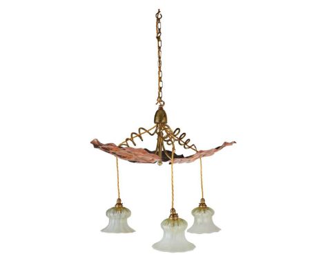 ENGLISH, MANNER OF W.A.S. BENSON ARTS & CRAFTS CEILING LIGHT, CIRCA 1900 brass, copper, with opalescent glass shades, recentl