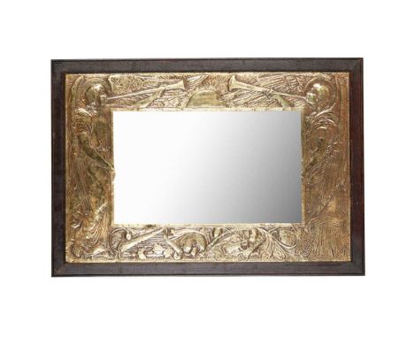 ENGLISH, MANNER OF WALTER CRANE ARTS & CRAFTS WALL MIRROR, CIRCA 1900 repoussé-decorated brass, mirrored glass plate, oak fra