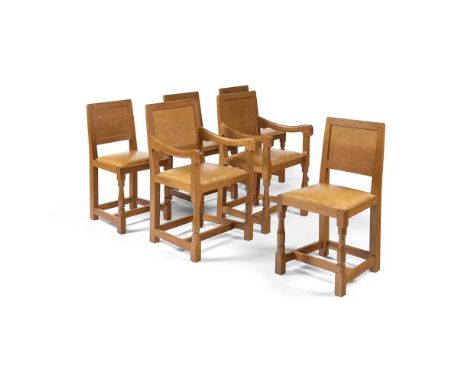 ROBERT ‘MOUSEMAN’ THOMPSON (1876-1955) SET OF SIX DINING CHAIRS, CIRCA 1970 oak, with close nailed leather upholstery, carved