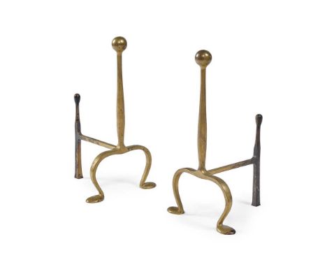 C.F.A. VOYSEY (1857-1941) FOR THOMAS ELSEY AND CO., PAIR OF ARTS & CRAFTS ANDIRONS, CIRCA 1900 brass, one stamped 8,Dimension