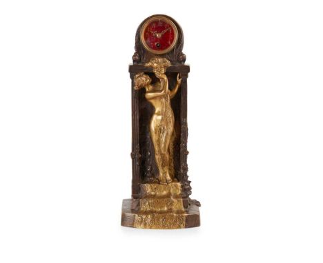 ‡ CHARLES KORSCHANN (1872-1943) ART NOUVEAU FIGURAL CLOCK, 1897 patinated bronze, the single train movement with painted enam
