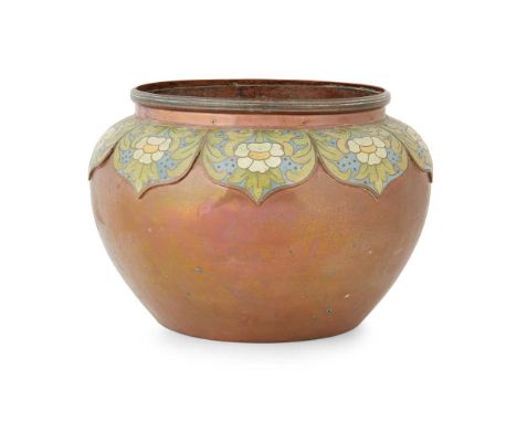 CLEMENT HEATON (1861-1940) ARTS & CRAFTS JARDINIÈRE, CIRCA 1890 copper with applied cloisonné decorationDimensions:26.5cm hig