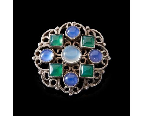 SIBYL DUNLOP (1889-1968) ARTS & CRAFTS BROOCH, CIRCA 1960 silver, set with amethysts, green chrysoprase and central moonstone