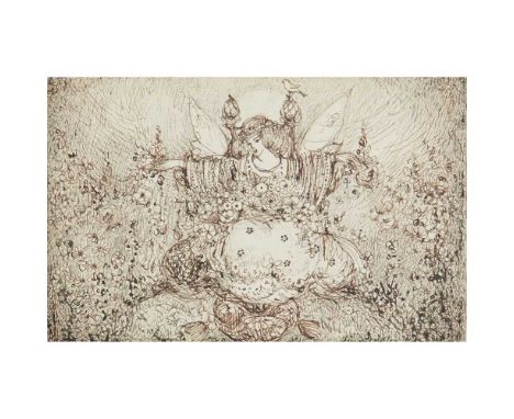 ANNIE FRENCH (1872-1965) FAERIE QUEEN pen &amp; ink, later framed 8cm x 13cm (frame 28.3cm x 31cm); together with THE BIRDCAG