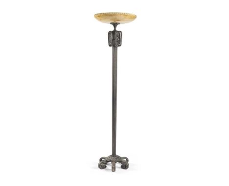 ‡ EDGAR BRANDT (1880-1960) 'L'ELEGANCE' FLOOR LAMP, DESIGNED 1925 wrought iron, with alabaster shade, signed to base E.BRANDT
