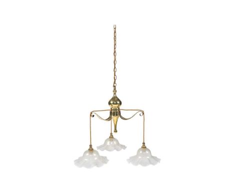BIRMINGHAM GUILD OF HANDICRAFT ARTS & CRAFTS HANGING LIGHT, CIRCA 1910 brass, with three opalescent glass shadesDimensions:52