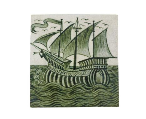 WILLIAM DE MORGAN (1839-1917) ARTS & CRAFTS 6-INCH TILE, CIRCA 1890 glazed ceramic, depicting a galleon, impressed Sands End 