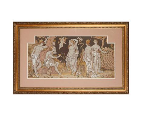 MANNER OF WALTER CRANE WALLPAPER FRIEZE, CIRCA 1890 block-printed paper, later framed, depicting the Judgment of ParisDimensi