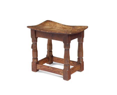 ROBERT ‘MOUSEMAN’ THOMPSON (1876-1955) STOOL, CIRCA 1930 oak, with dense burr oak seatDimensions:40cm wide, 36cm high, 27.5cm