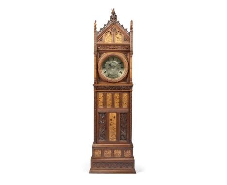 J.H. CHAMBERLAIN (1831-1883) GOTHIC REVIVAL LONGCASE CLOCK, CIRCA 1878 carved oak and walnut, inset with marquetry panels, an