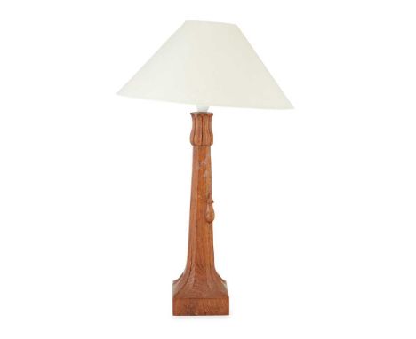 ROBERT ‘MOUSEMAN’ THOMPSON (1876-1955) LARGE TABLE LAMP, 1950's oak, with carved mouse signature, associated fabric shadeDime