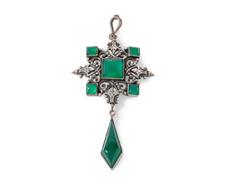 ATTRIBUTED TO SIBYL DUNLOP (1889-1968) ARTS & CRAFTS PENDANT, CIRCA 1960 white metal set with green chrysopraseDimensions:8cm