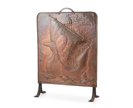JOHN PEARSON (1859-1930) FIRESCREEN, CIRCA 1890 repoussé-decorated copper, patinated wrought iron, stamped to reverse JPDimen