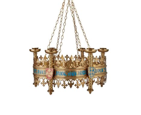 ATTRIBUTED TO A.W.N. PUGIN (1812-1852) FOR JOHN HARDMAN & CO., BIRMINGHAM CHANDELIER, CIRCA 1850 engraved brass, with enamell