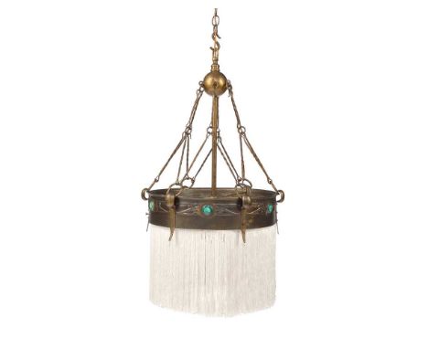 JESSON, BIRKETT & CO. ARTS & CRAFTS CEILING LIGHT, CIRCA 1900 copper and brass, set with glazed ceramic roundels, with fringe