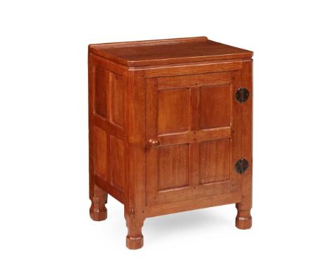 ROBERT ‘MOUSEMAN’ THOMPSON (1876-1955) BEDSIDE CABINET, 1960's adzed oak, with carved mouse signatureDimensions:48.4cm wide, 