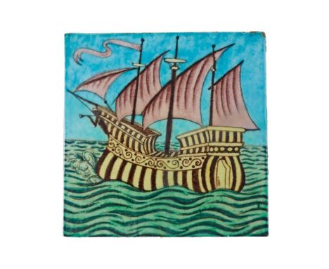 WILLIAM DE MORGAN (1839-1917) ARTS & CRAFTS 6-INCH TILE, CIRCA 1890 glazed ceramic, depicting a galleon, impressed Sands End 