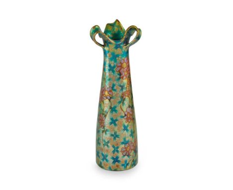 ZSOLNAY, PÉCS TALL VASE, CIRCA 1900 'eosin' lustre-glazed ceramic, with three applied handles, applied maker's seal mark ZSOL