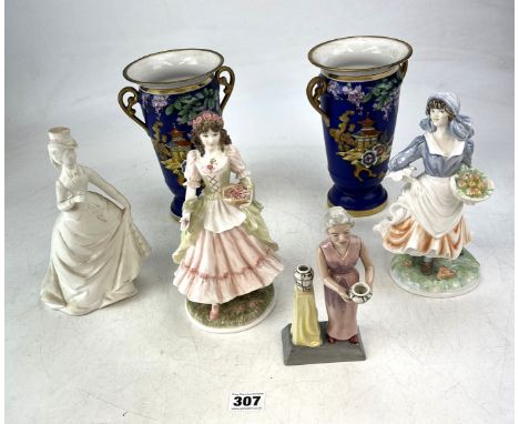 Pair of Noritake vases 8" high (1 cracked &amp; repair on rim), 3 Royal Worcester figurines 'The Queen of May', 'Rosie Pickin