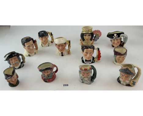 12 medium Royal Doulton toby &amp; character jugs - 3 cricketers Len Hutton, Dickie Bird &amp; Compton, The Snooker Player, S