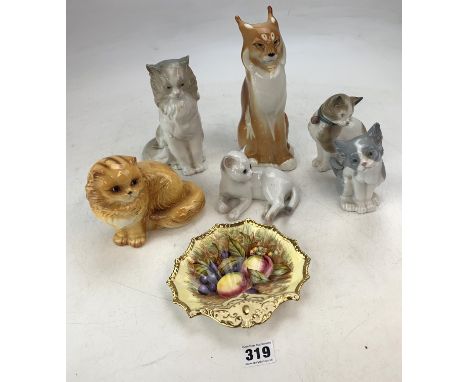 6 cat figures inc. 2 Nao, 1 Lladro, 1 Goebel, 1 Royal Copenhagen, 1 USSR and Aynsley fruit dish