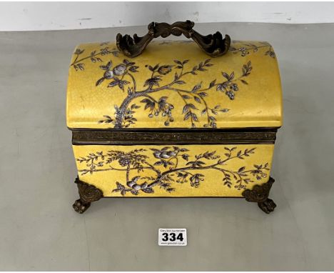 Reproduction oriental ceramic casket with brass feet, handles and edges. 9.5"w x 6"d x 9"h