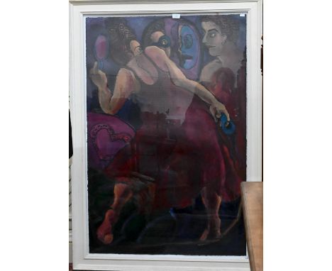 'Tequila Sunrise', mixed media abstract by Ali Lugrich and a figurative abstract indistinctly signed (2) 