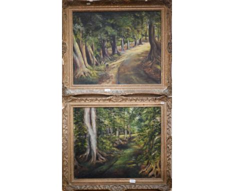 M W Blunt - Two woodland views, oil on canvas, signed to verso, 49 x 60 cm (2) 