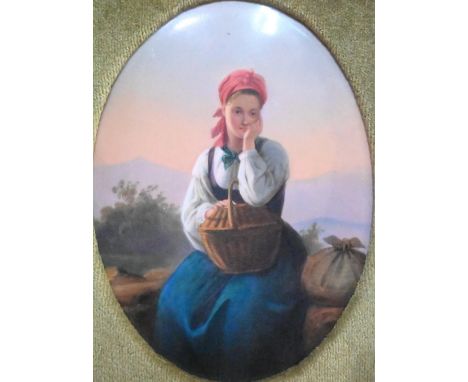 A 19th century German porcelain oval plaque, painted with young lady with basket and bundle, waiting (possibly in vain) for h