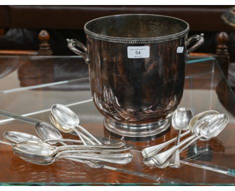 A French ep ice-bucket with twin handles, 22 cm high to/w a part-set of epns Hanoverian rat-tail flatware, comprising 17 tabl