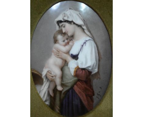 A 19th century porcelain oval plaque, painted with a mother and child, signed F.G. de M, impressed '270' on reverse, 26 x 19 