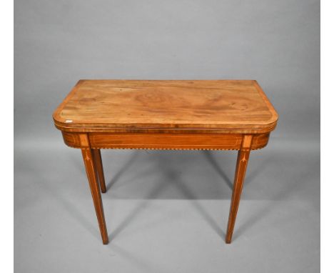 A Regency mahogany fold-over card table, raised on twin gate-legs, 92 cm x 46 cm x 75 cm h - a/f 