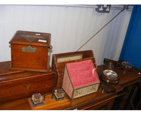 Various collectables, including tea caddy, cigarette dispenser, barometer 
