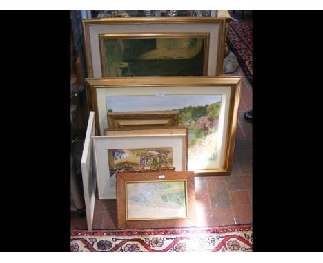 Various pictures including lake and garden scene by Roberts