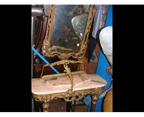 A marble top metal framed console table with gilt mirror over together with a similar wall shelf  CONDITION REPORTmoderngood 