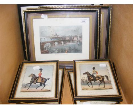 A series of framed and glazed coloured engravings entitled 'Officers of the British Army' together with various other picture