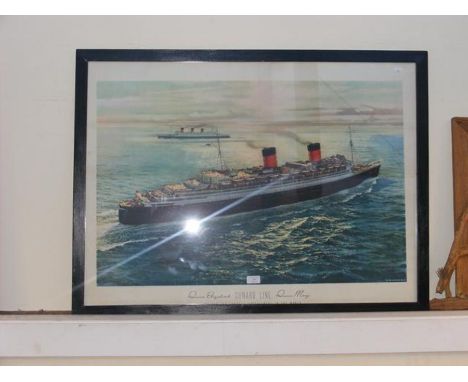 A framed and glazed Cunard Line print of the Queen Elizabeth and Queen Mary  